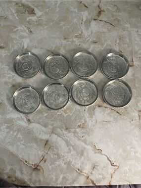 Set of 8 Decorative Silver Tone Floral Coasters